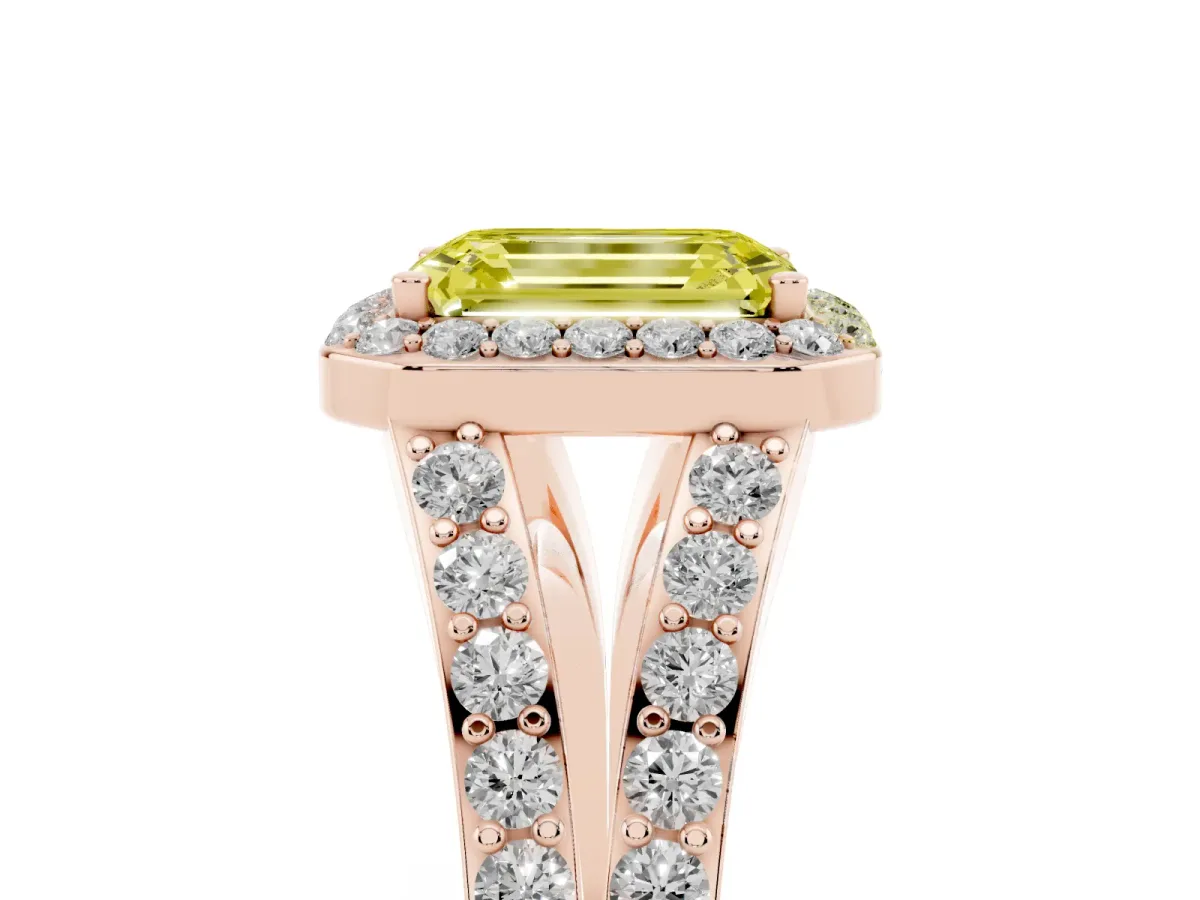 Fancy Yellow Emerald Cut Diamond Split Shank Halo Ring with Four-Prong Setting Rose gold