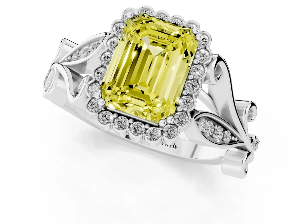 Fancy Yellow Emerald Cut Diamond Halo Ring with Vintage Split Shank and Four-Prong Setting Silver