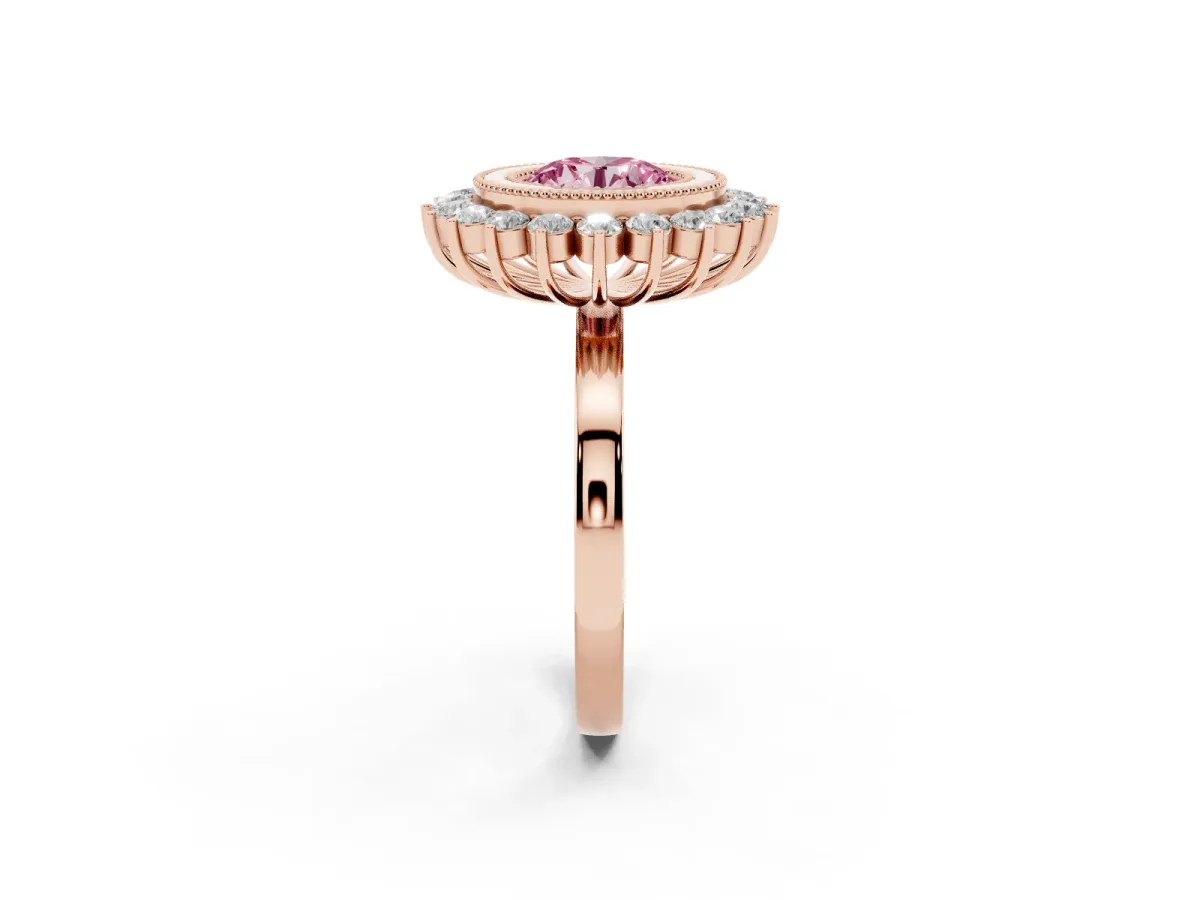 Fancy Pink Round Cut Halo Diamond Ring with Milgrain Edge and Round Prong Setting Rose gold