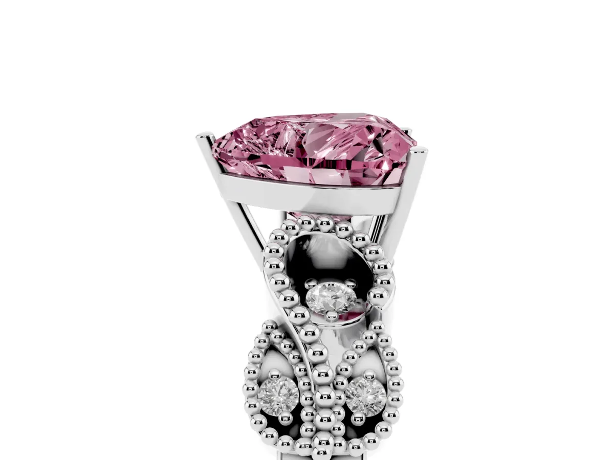Fancy Pink Heart Cut Solitaire Milgrain Leaf Band with Prong Setting Silver