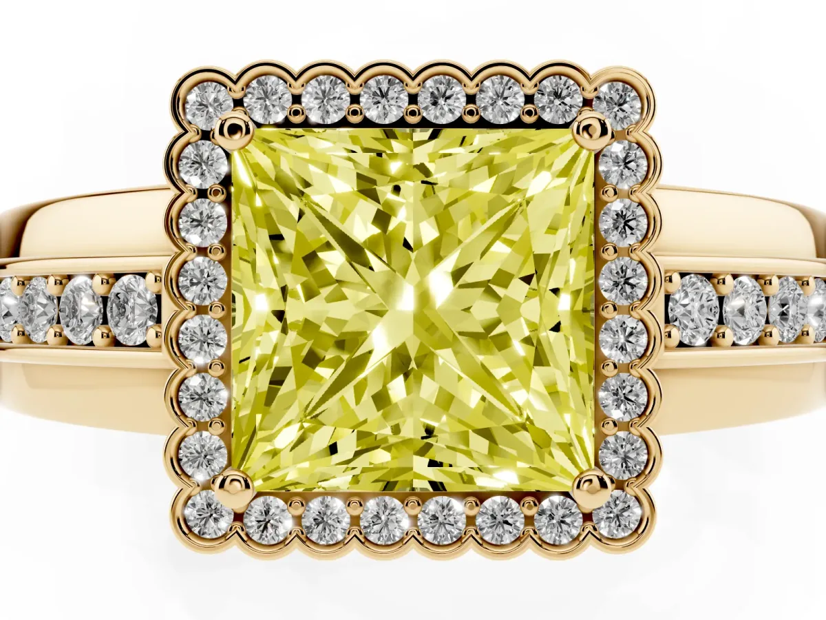 Fancy Yellow Princess Cut Cut Halo Pave Band Four-Prong Ring Yellow gold