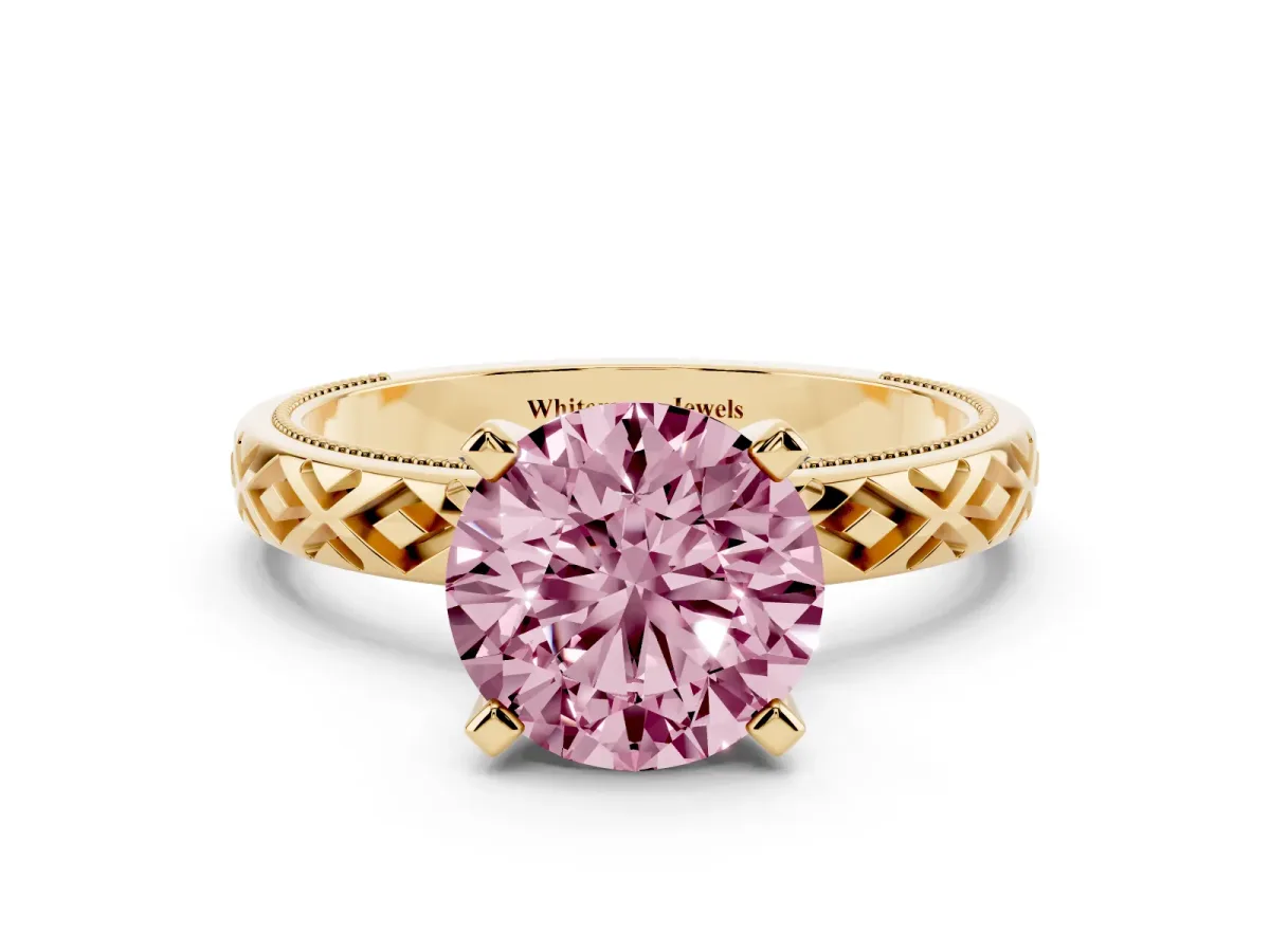 Fancy Pink Round Cut Solitaire Diamond Ring with Milgrain and Black Enamel X Pattern Band Yellow gold