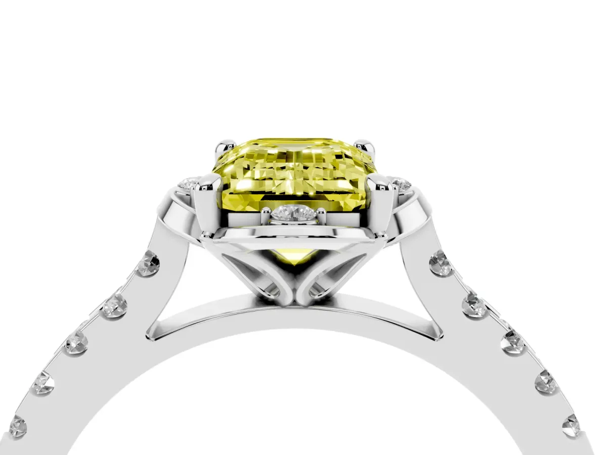 Fancy Yellow Emerald Cut Diamond Ring with Pavé Band and Floral Prong Setting Silver