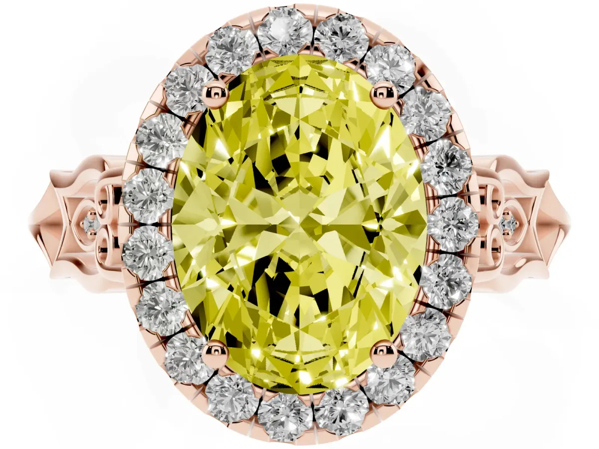 Fancy Yellow Oval Cut Halo Diamond Engagement Ring with Filigree Band and Four-Prong Setting Rose gold