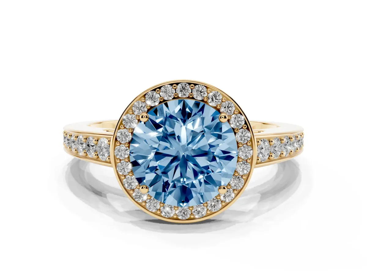 Fancy Blue Round Cut Halo Pavé Diamond Engagement Ring with Bezel Setting Yellow gold