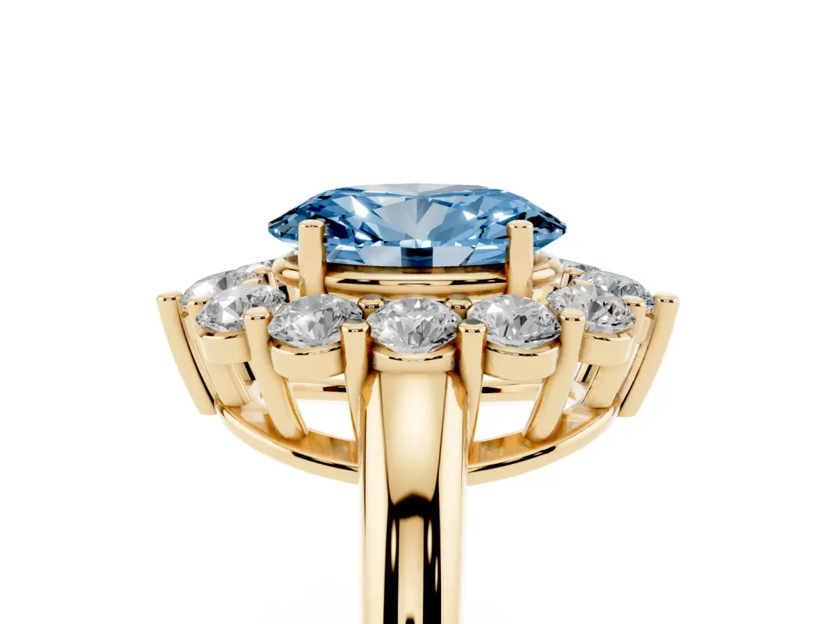 Fancy Blue Oval Cut Halo Cluster Diamond Engagement Ring with Prong Setting and Polished Band Yellow gold