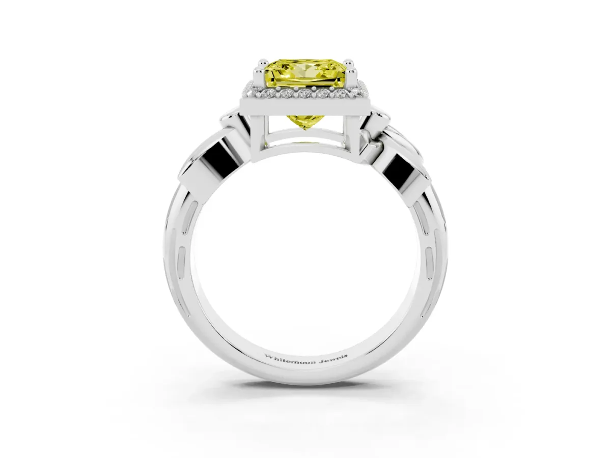 Fancy Yellow Princess Cut Halo Diamond Floral Band with Four-Prong Setting White gold