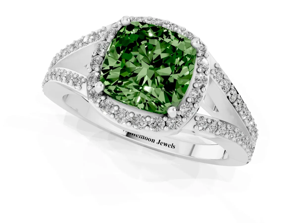 Fancy Green Cushion Cut Halo Split Shank Diamond Ring with Prong Setting Silver