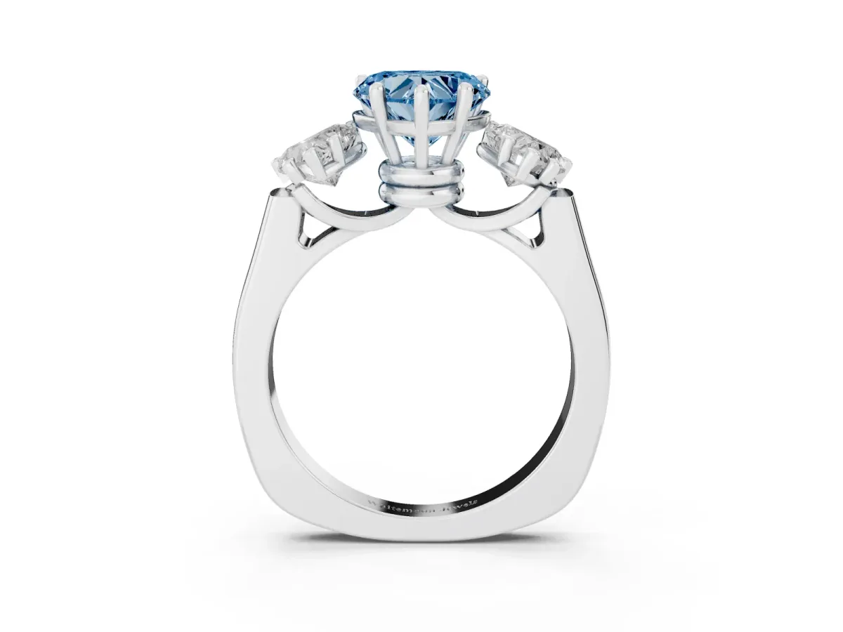 Fancy Blue Three-Stone Heart Cut Brilliant Diamond Trellis Ring with Comfort Fit Band Platinum