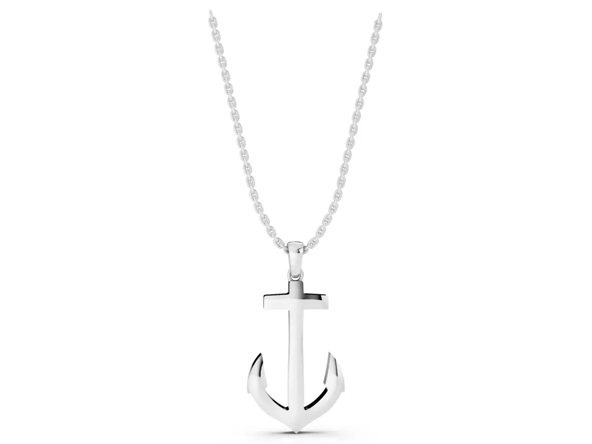 Silver Anchor Pendant with Round Diamond Bezel Setting Silver