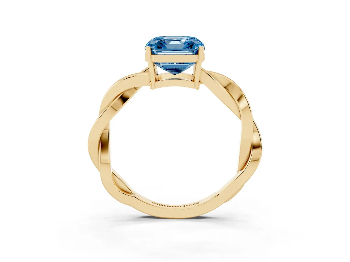 Fancy Blue Asscher Cut Solitaire Twisted Pave Diamond Ring with Four-Prong Setting Yellow gold