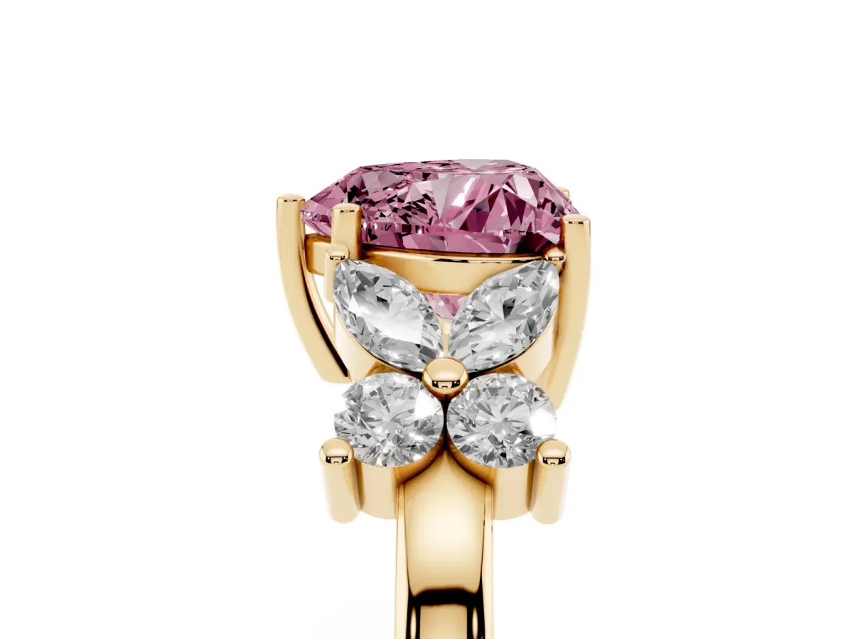 Fancy Pink Heart Cut Diamond Floral Cluster Ring with Solitaire Band and Prong Setting Yellow gold