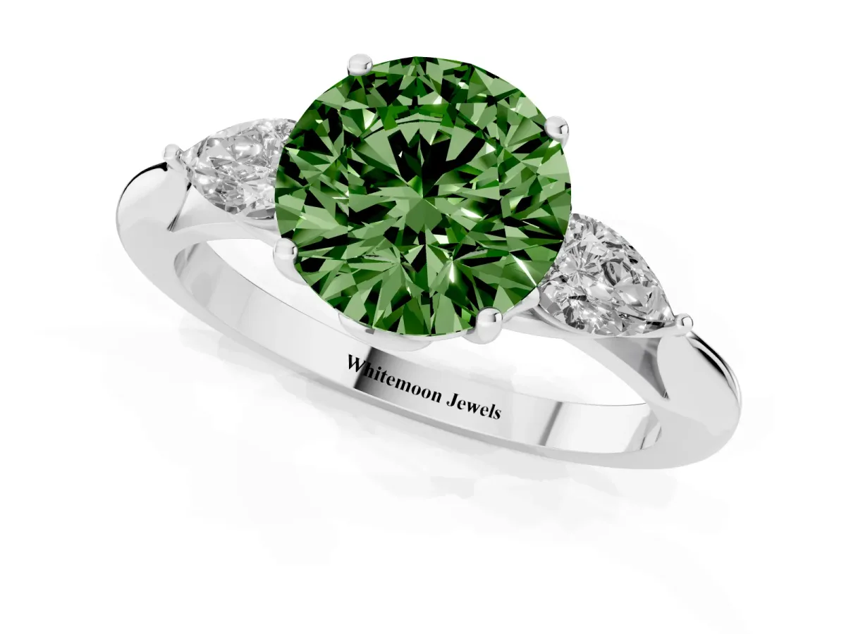 Fancy Green Three-Stone Round Cut Brilliant Diamond Solitaire Ring with Tapered Band and Four-Prong Setting White gold