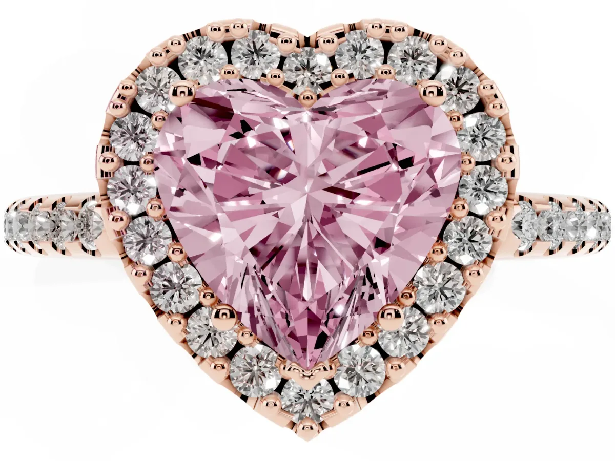 Fancy Pink Heart Cut Diamond Pavé Halo Ring with Four-Prong Setting Rose gold
