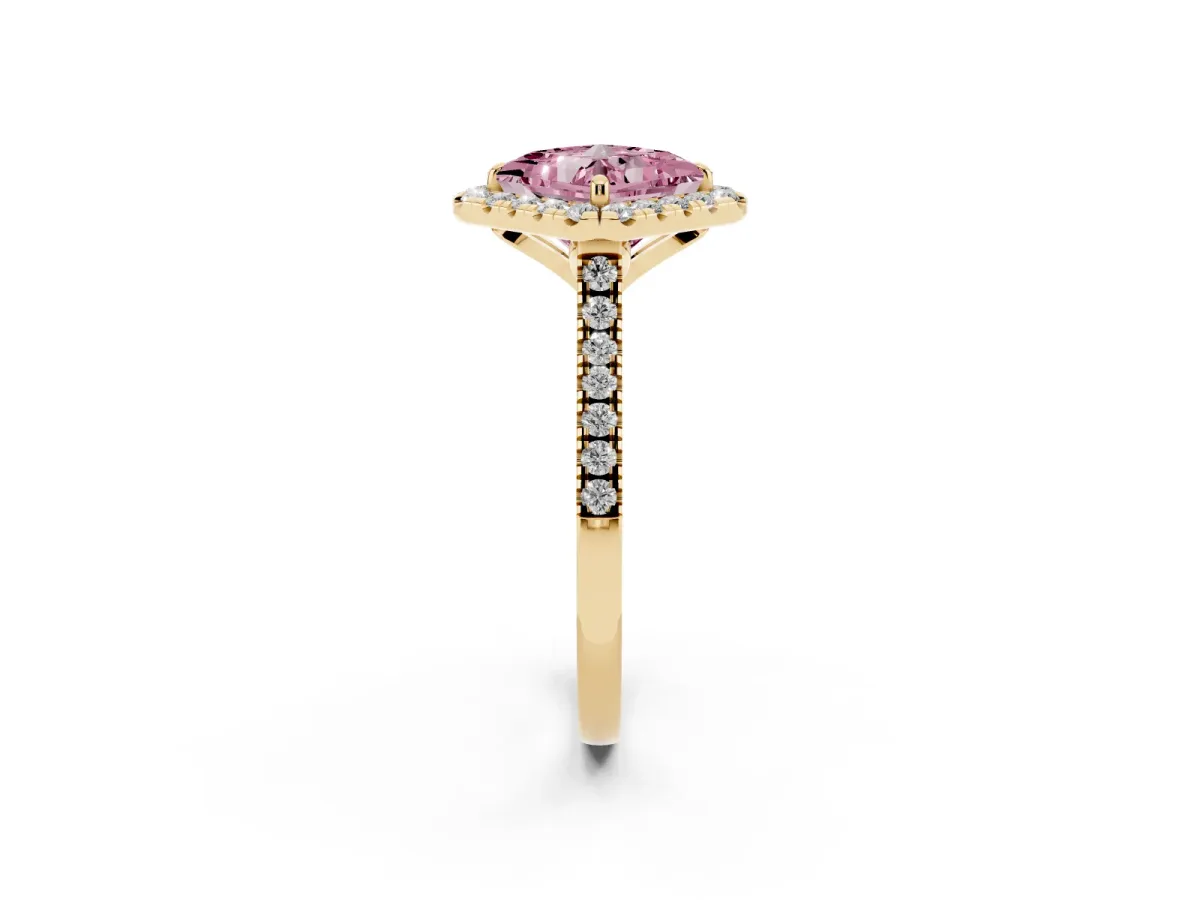 Fancy Pink Princess Cut Diamond Cushion Halo Ring with Pavé Band Yellow gold