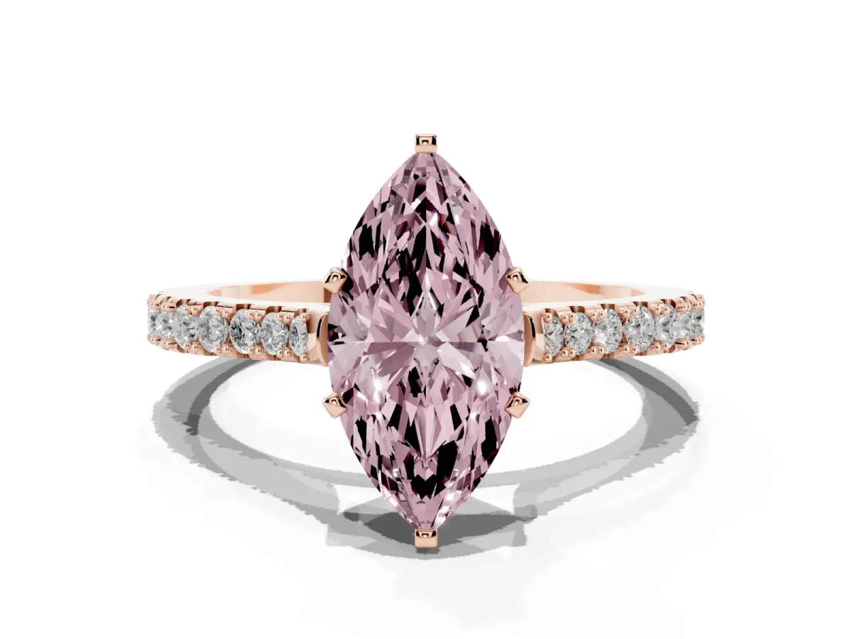 Fancy Pink Marquise Cut Cut Solitaire Diamond Engagement Ring with Pave Band and Four-Prong Setting Rose gold