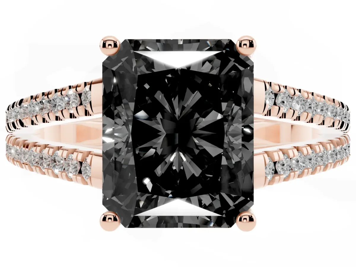 Fancy Black Radiant Cut Diamond Solitaire Engagement Ring with Split Shank Pavé Band Rose gold