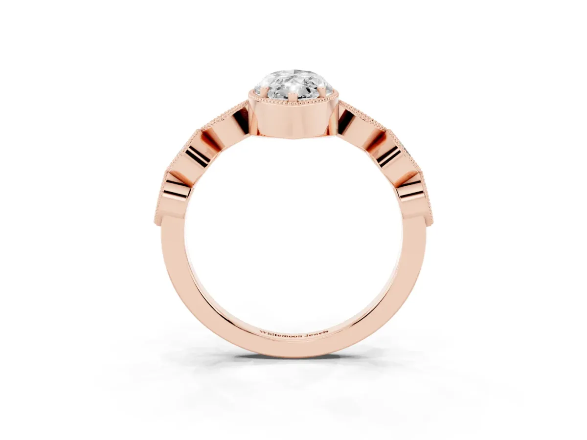 Marquise Cut Diamond Vintage Milgrain Ring with Round Stations Rose gold
