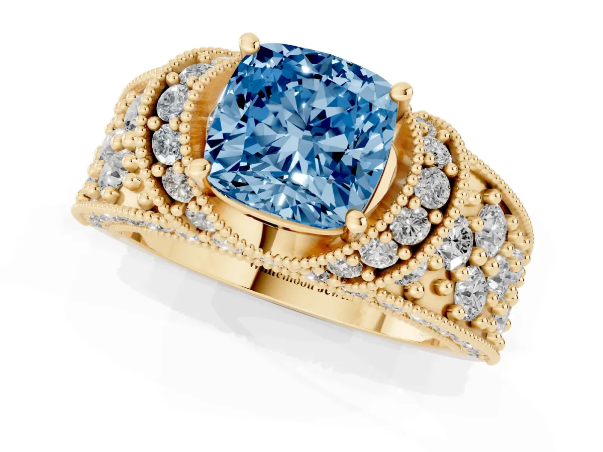Fancy Blue Cushion Cut Halo Pave Diamond Engagement Ring with Milgrain Detailing Yellow gold