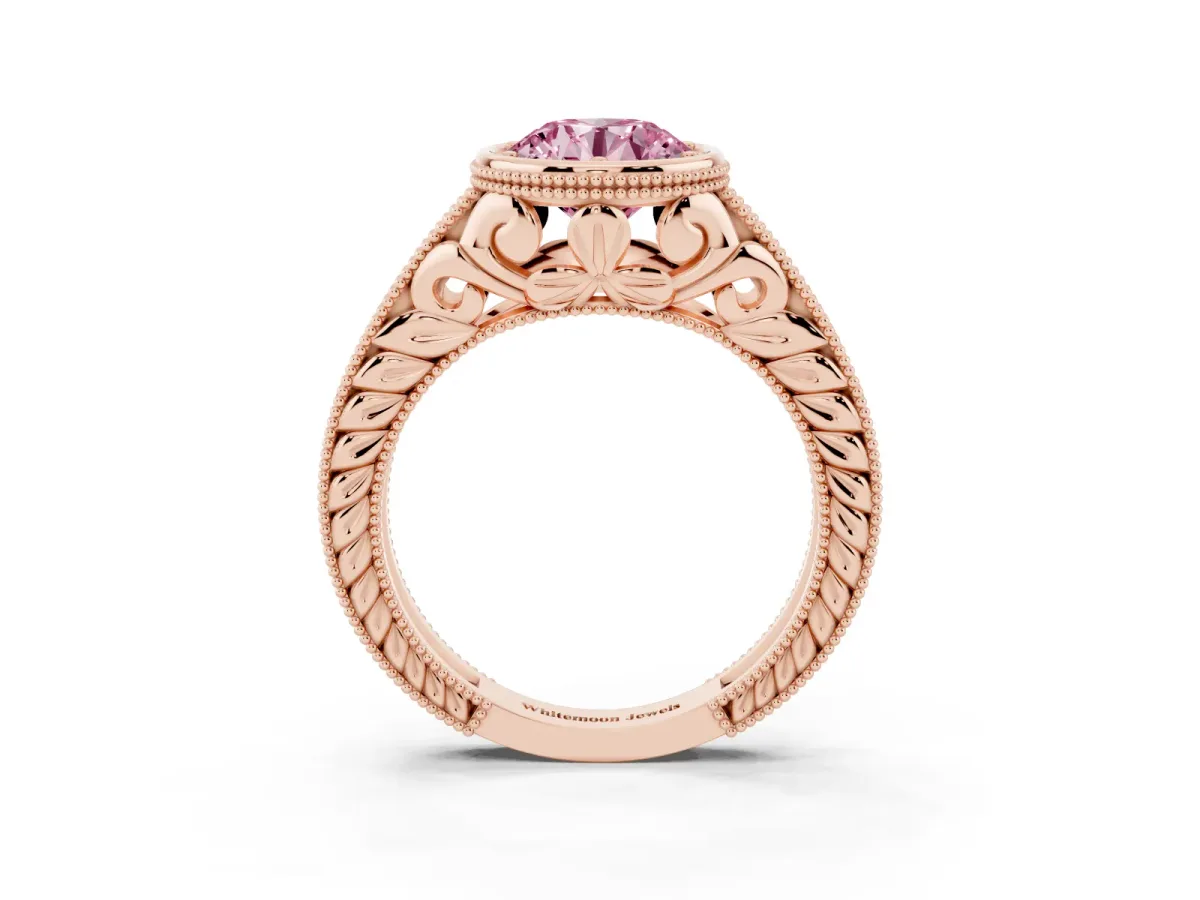 Fancy Pink Bezel Set Round Cut Diamond Milgrain Pave Engagement Ring Rose gold