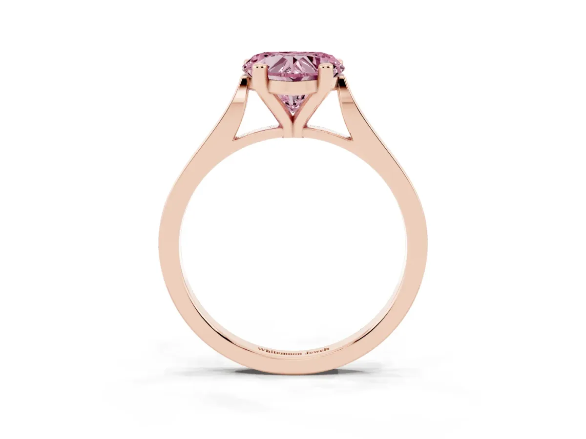 Fancy Pink Heart Cut Solitaire Diamond Ring with Four-Prong Setting and Tapered Band Rose gold