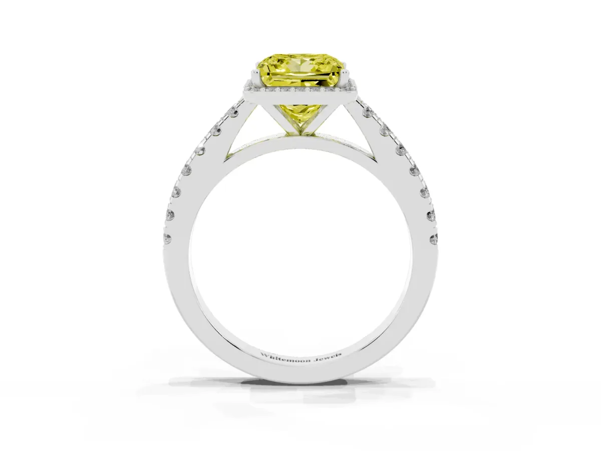Fancy Yellow Princess Cut Cut Halo Diamond Engagement Ring with Pave Band and Four-Prong Setting Platinum