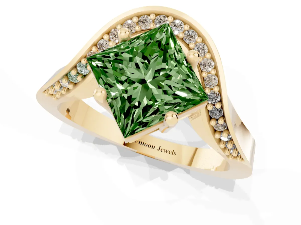 Fancy Green Princess Cut Solitaire Diamond Engagement Ring with Pave Band and Four-Prong Setting Yellow gold