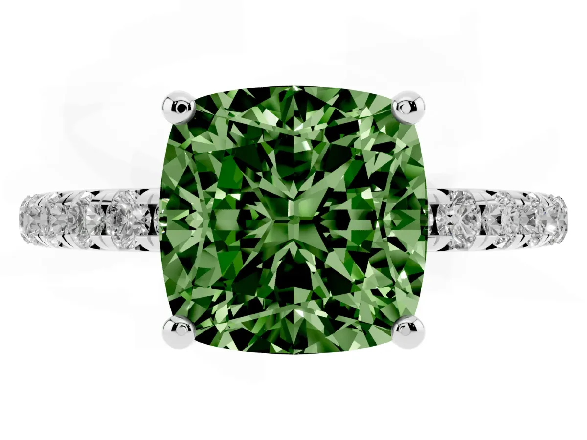 Fancy Green Cushion Cut Cut Diamond Solitaire Ring with Micro Pave Band and Four Prong Setting Silver