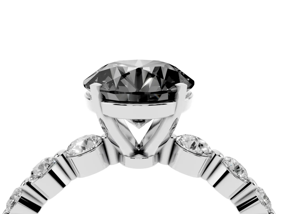 Fancy Black Round Cut Solitaire Diamond Ring with Pave Band and Four-Prong Setting Silver