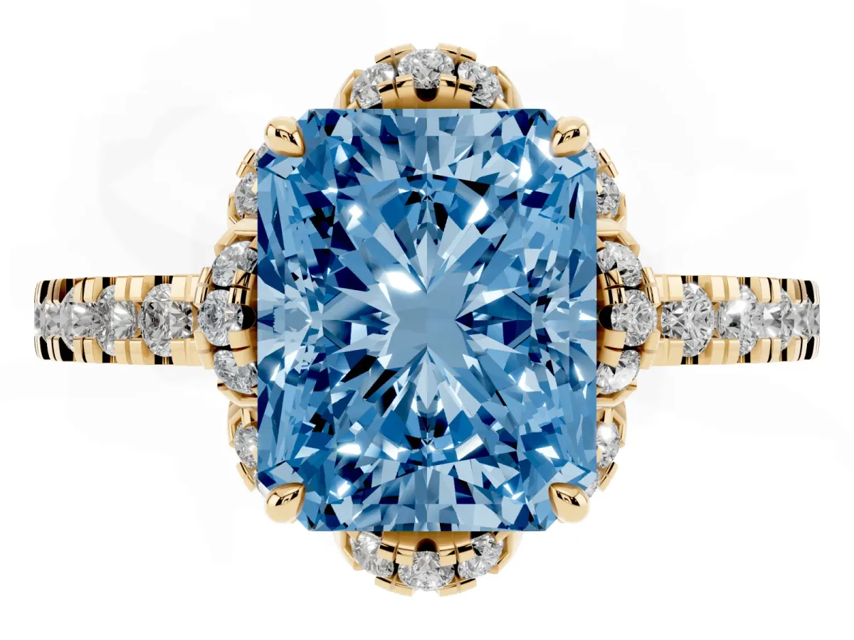 Fancy Blue Radiant Cut Halo Diamond Pave Band Ring with Four-Prong Setting Yellow gold