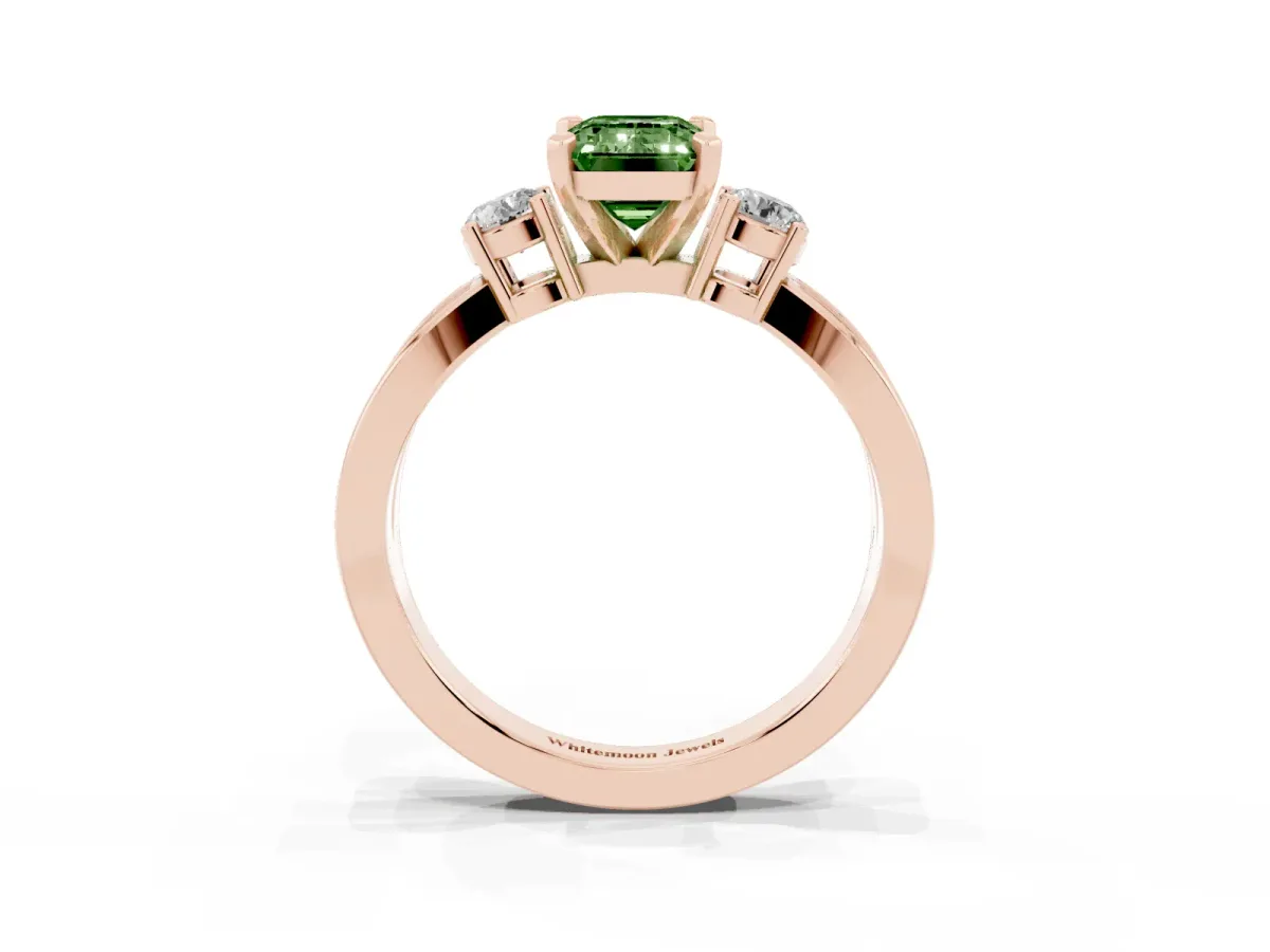 Fancy Green Three-Stone Emerald Cut Cut Diamond Twist Band with Prong Setting Rose gold