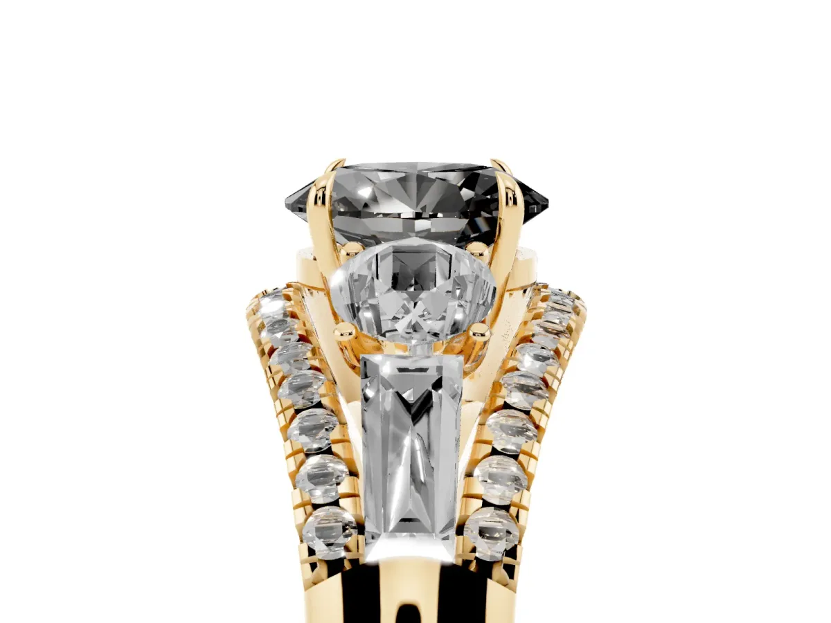 Fancy Black Three-Stone Oval Cut Diamond Engagement Ring with Pave Band and Prong Setting Yellow gold