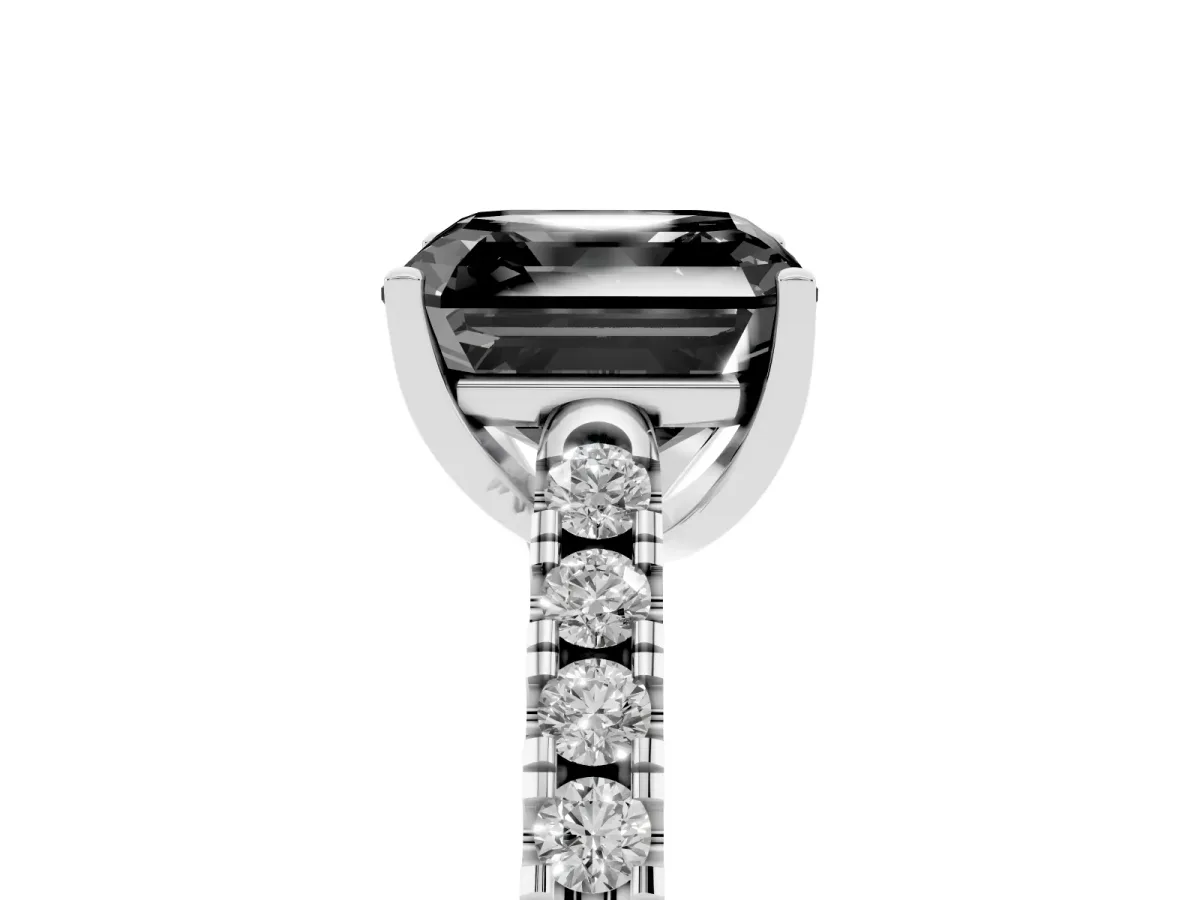Fancy Black Asscher Cut Diamond Pavé Band Solitaire Ring with Prong Setting Platinum