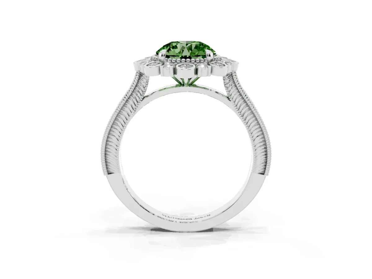 Fancy Green Round Cut Halo Milgrain Pave Diamond Ring with Four-Prong Setting Silver