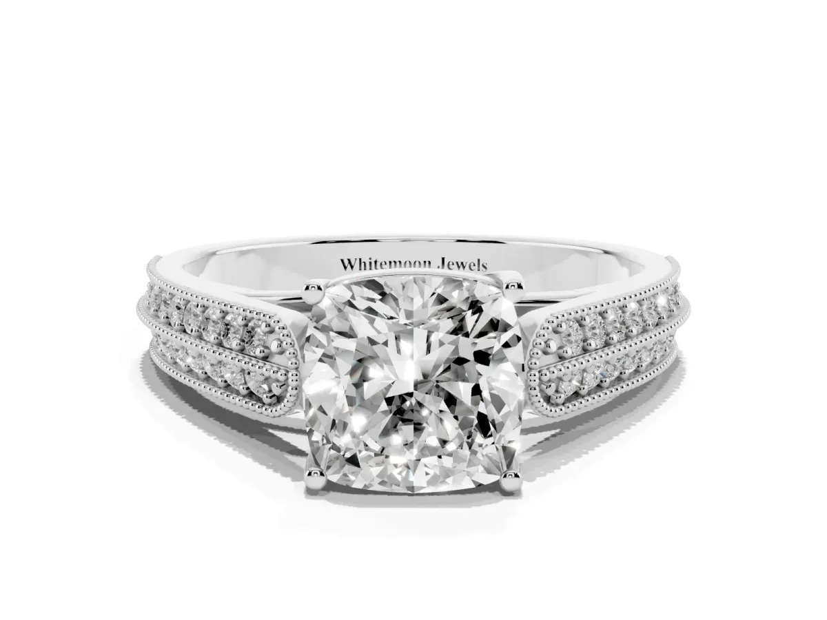 Cushion Cut Cut Pave Split Shank Engagement Ring with Four-Prong Setting Platinum
