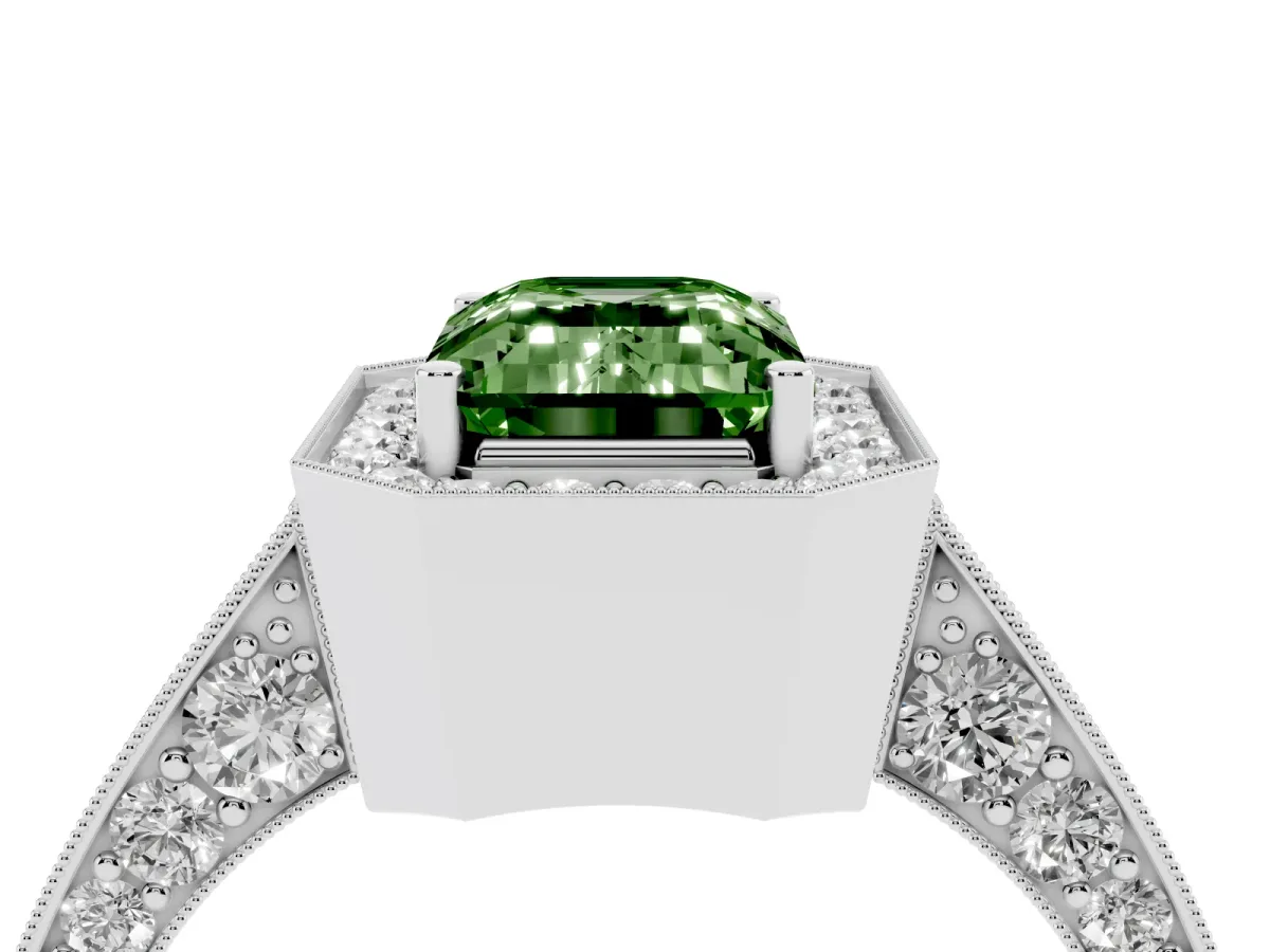 Fancy Green Emerald Cut Halo Diamond Engagement Ring with Split Shank Band and Four-Prong Setting Silver