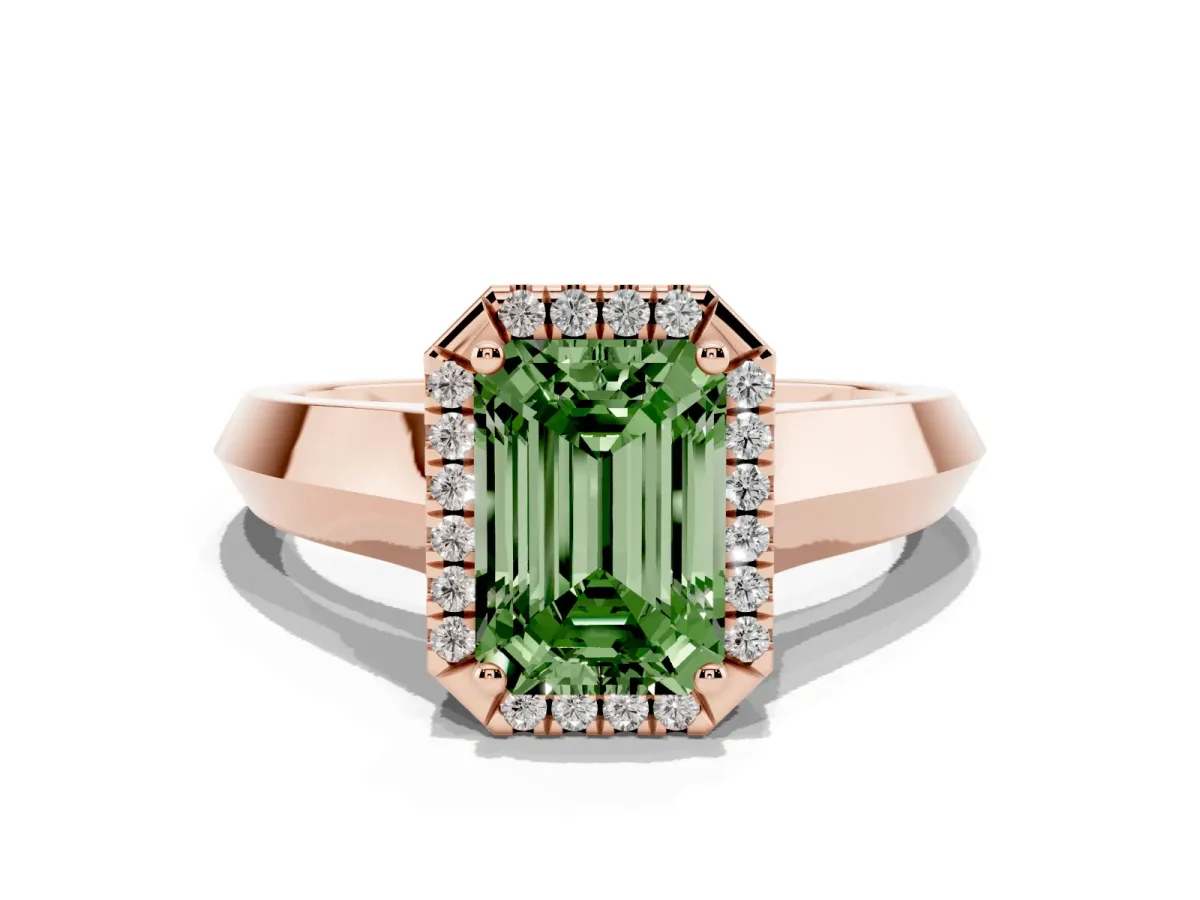 Fancy Green Emerald Cut Halo Diamond Ring with Cathedral Band and Four-Prong Setting Rose gold
