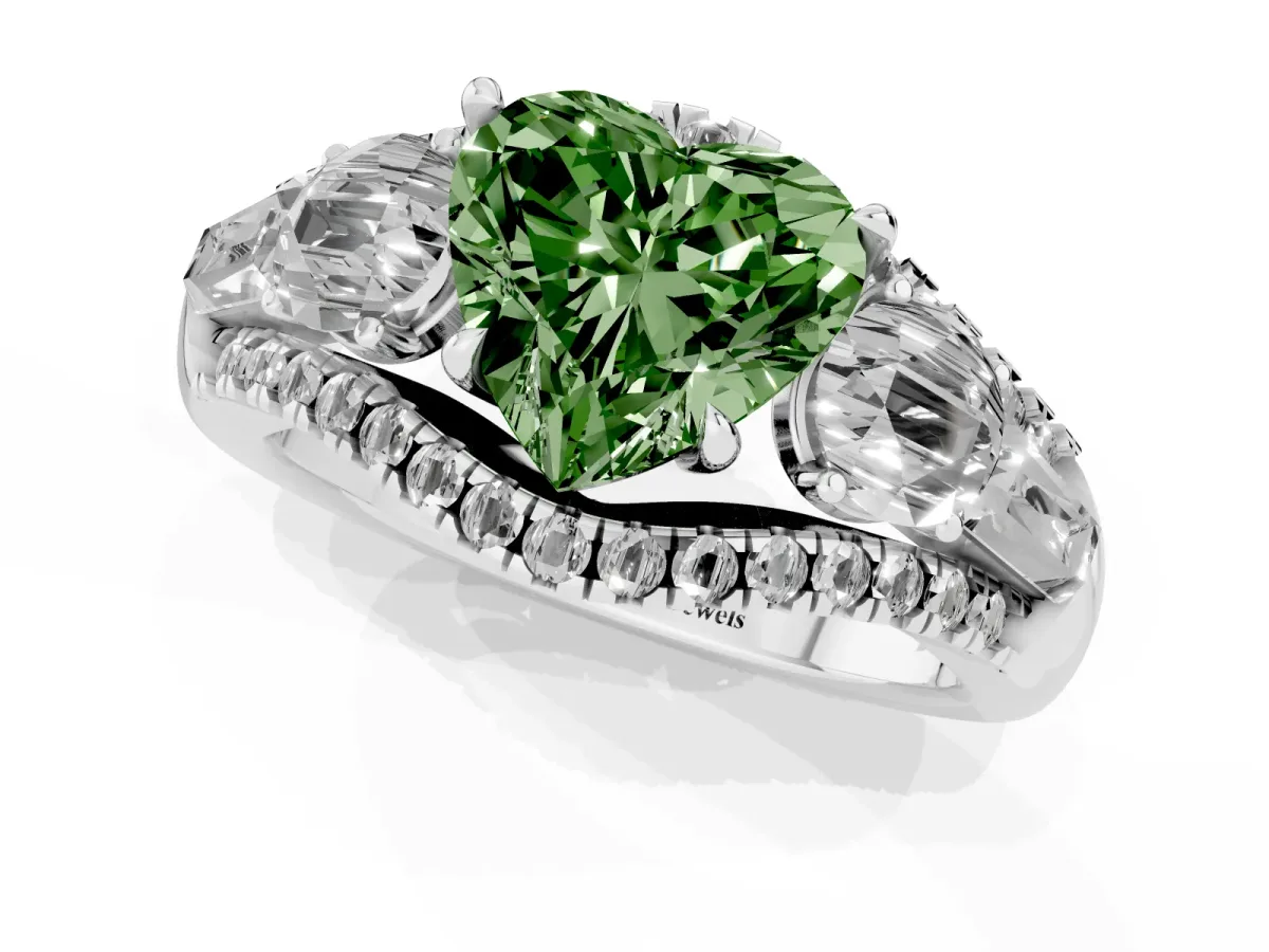 Fancy Green Three-Stone Heart Cut Diamond Engagement Ring with Pave Band and Prong Setting Silver
