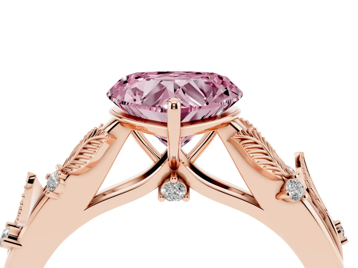 Fancy Pink Heart Cut Diamond Solitaire Ring with Leaf Motif Band and Four-Prong Setting Rose gold
