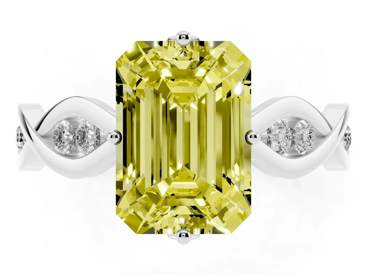 Fancy Yellow Emerald Cut Solitaire Twist Band with Leaf Prong Setting Platinum