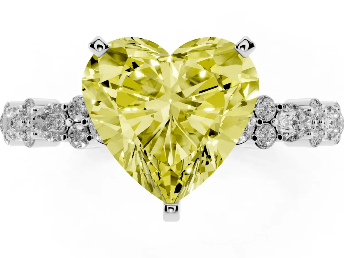 Fancy Yellow Heart Cut Diamond Side Stone Solitaire Ring with Round and Four-Prong Setting Silver