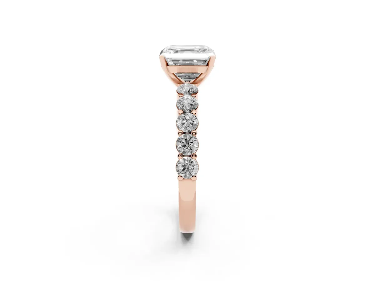 Asscher Cut Diamond Solitaire Ring with Shared Prong Round Side Stones Rose gold