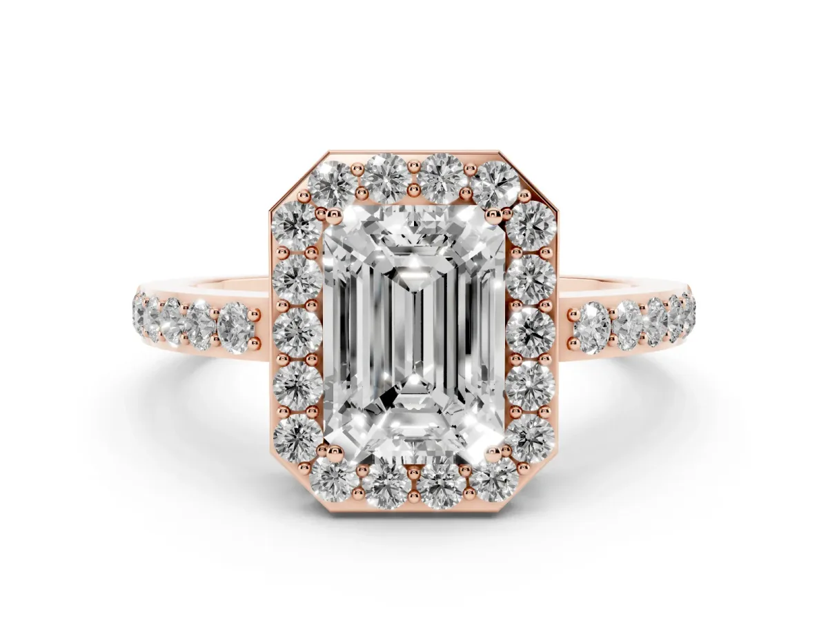 Emerald Cut Halo Diamond Pavé Band Ring with Prong Setting Rose gold