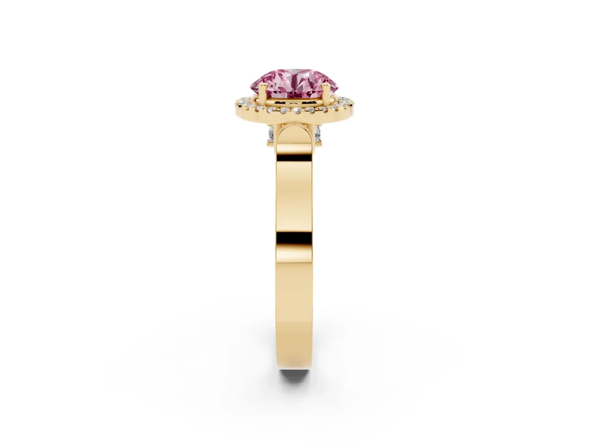 Fancy Pink Round Cut Halo Round Diamond Twist Band with Four-Prong Setting Yellow gold