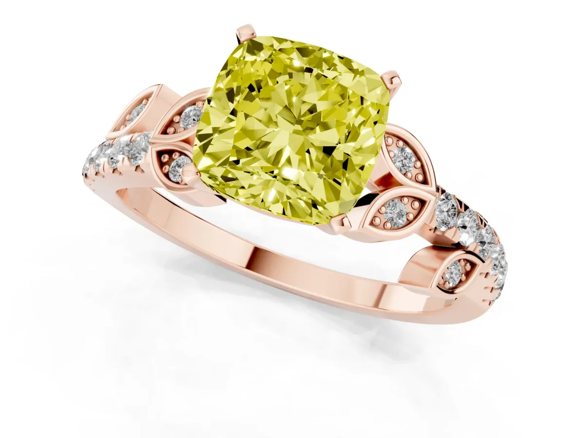 Fancy Yellow Cushion Cut Solitaire Leaf-Inspired Diamond Ring with Pavé Band and Four-Prong Setting Rose gold