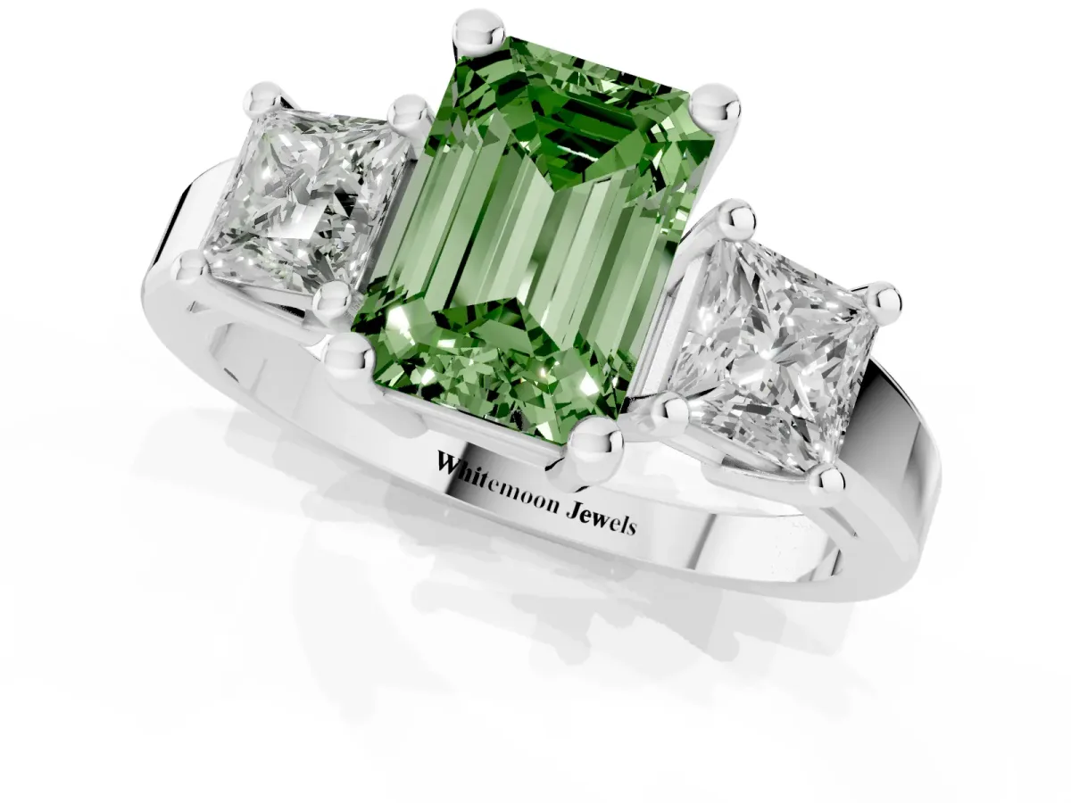 Fancy Green Three-Stone Emerald Cut Cut Solitaire Ring with Prong Setting Platinum
