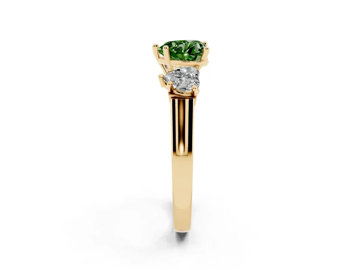 Fancy Green Three-Stone Heart Cut Brilliant Diamond Trellis Ring with Comfort Fit Band Yellow gold