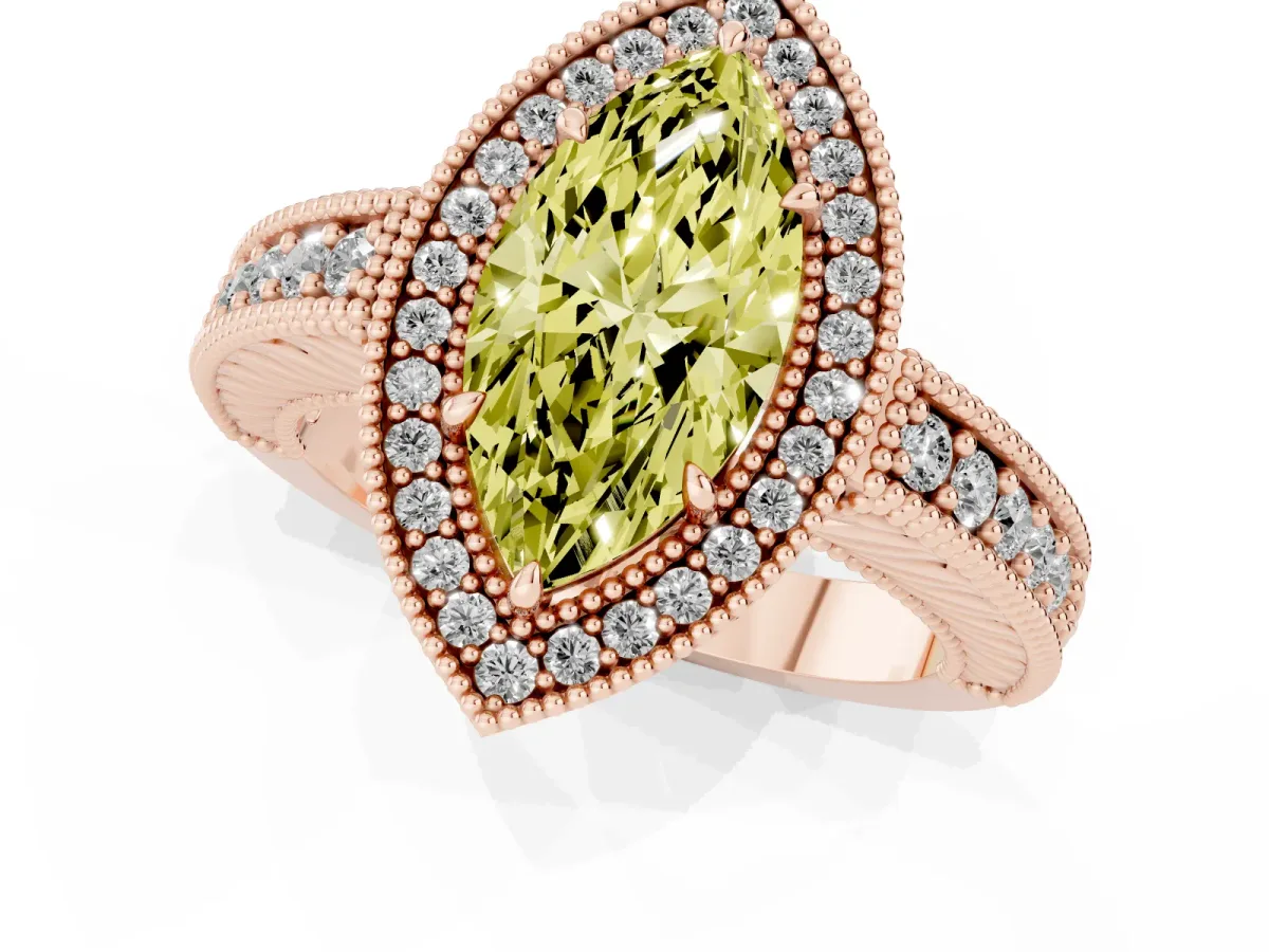 Fancy Yellow Marquise Cut Cut Halo Diamond Ring with Pavé Band and Four-Prong Setting Rose gold
