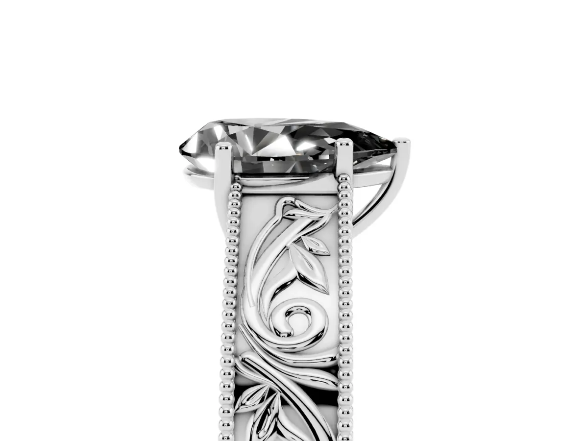 Fancy Black Pear Cut Diamond Solitaire Ring with Engraved Band and Four-Prong Setting Platinum