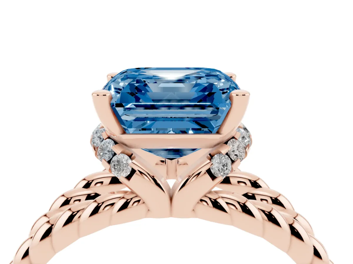 Fancy Blue Asscher Cut Halo Twisted Band Four-Prong Ring Rose gold